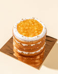 Mango Vegan Naked Cake with fluffy vanilla sponge layers, creamy vegan mango frosting, and fresh mango cubes on top, offering a tropical and dairy-free dessert option.