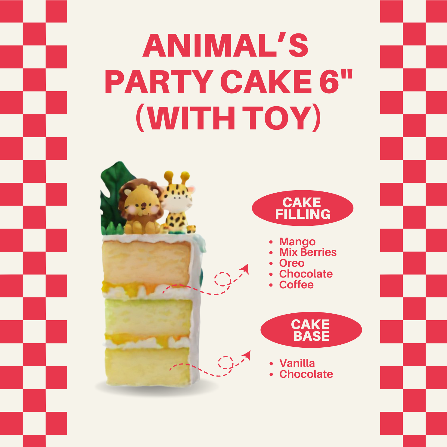 Custom animal-themed birthday cake featuring jungle animals