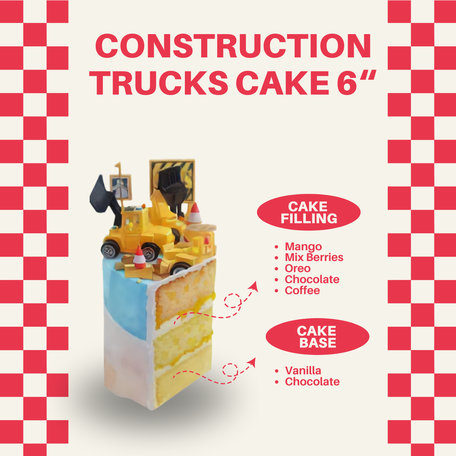 Handcrafted 6-inch custom cake with a construction truck theme, featuring edible truck designs, fluffy layers, and vibrant colors. Perfect for kids’ birthdays and celebrations in Malaysia.