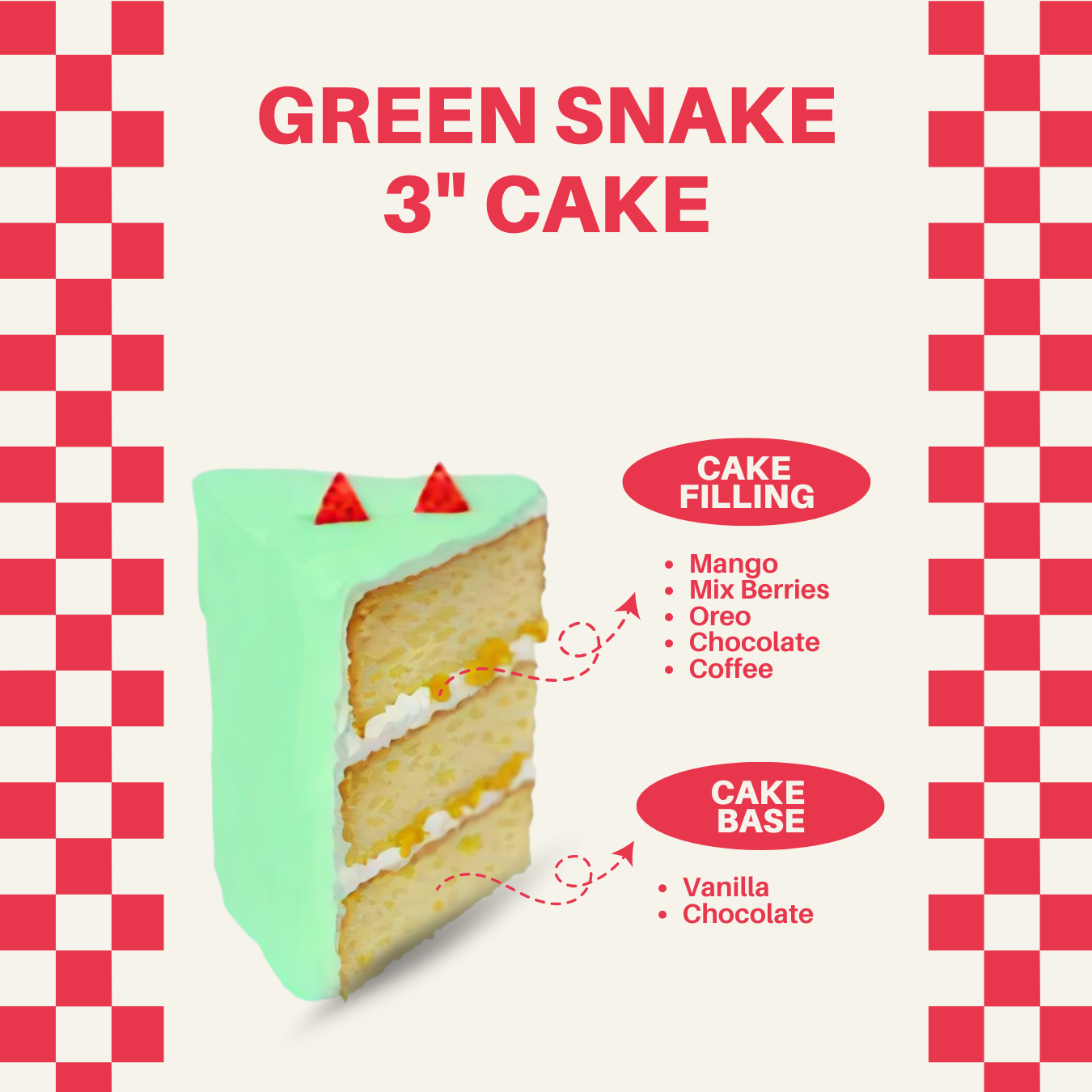 Mini 3-inch custom cake featuring a Green Snake design, handcrafted for birthdays and special events in Malaysia. Designer cake available for delivery.