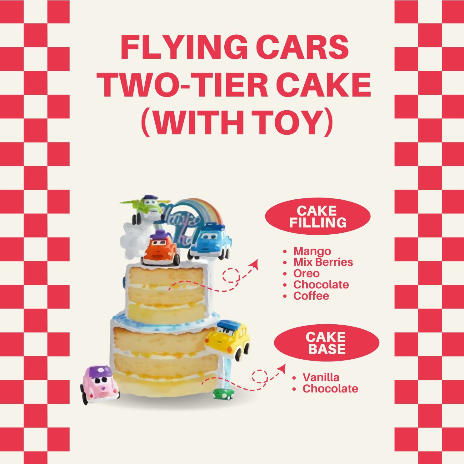 Custom-designed Flying Cars Two-Tier Cake with toy decorations, delicious frosting, and a fun theme. Perfect for birthdays and parties in KL and Malaysia.