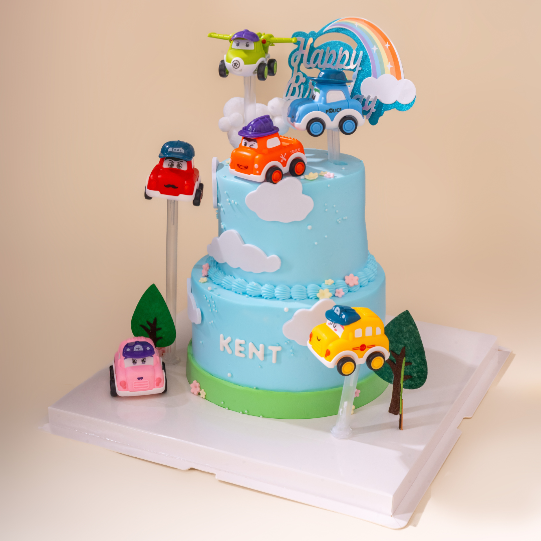 Custom-designed Flying Cars Two-Tier Cake with toy decorations, delicious frosting, and a fun theme. Perfect for birthdays and parties in KL and Malaysia.