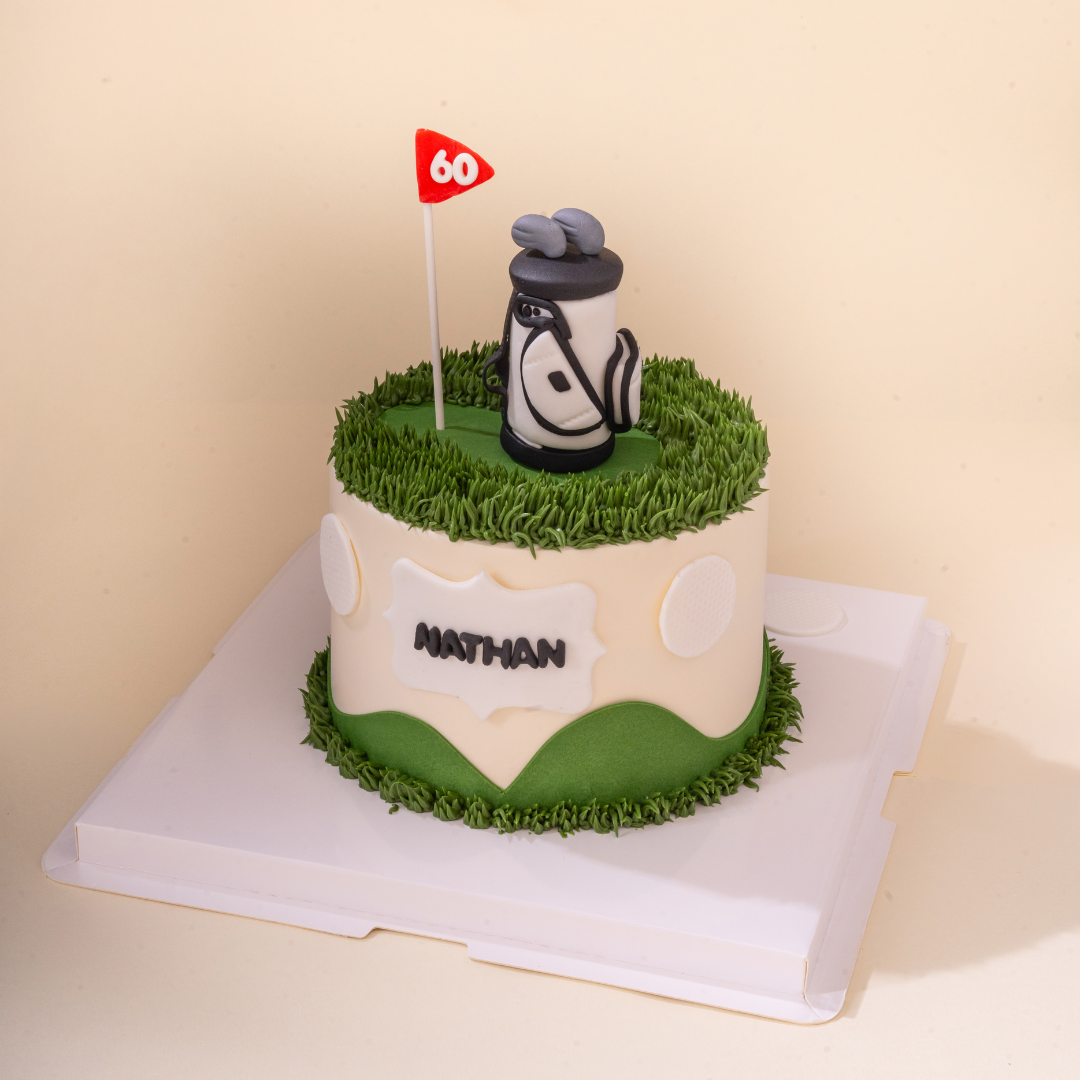 Golf-themed custom cake with intricate edible decorations, handcrafted for birthdays and events. Designer cake available in KL and Malaysia.