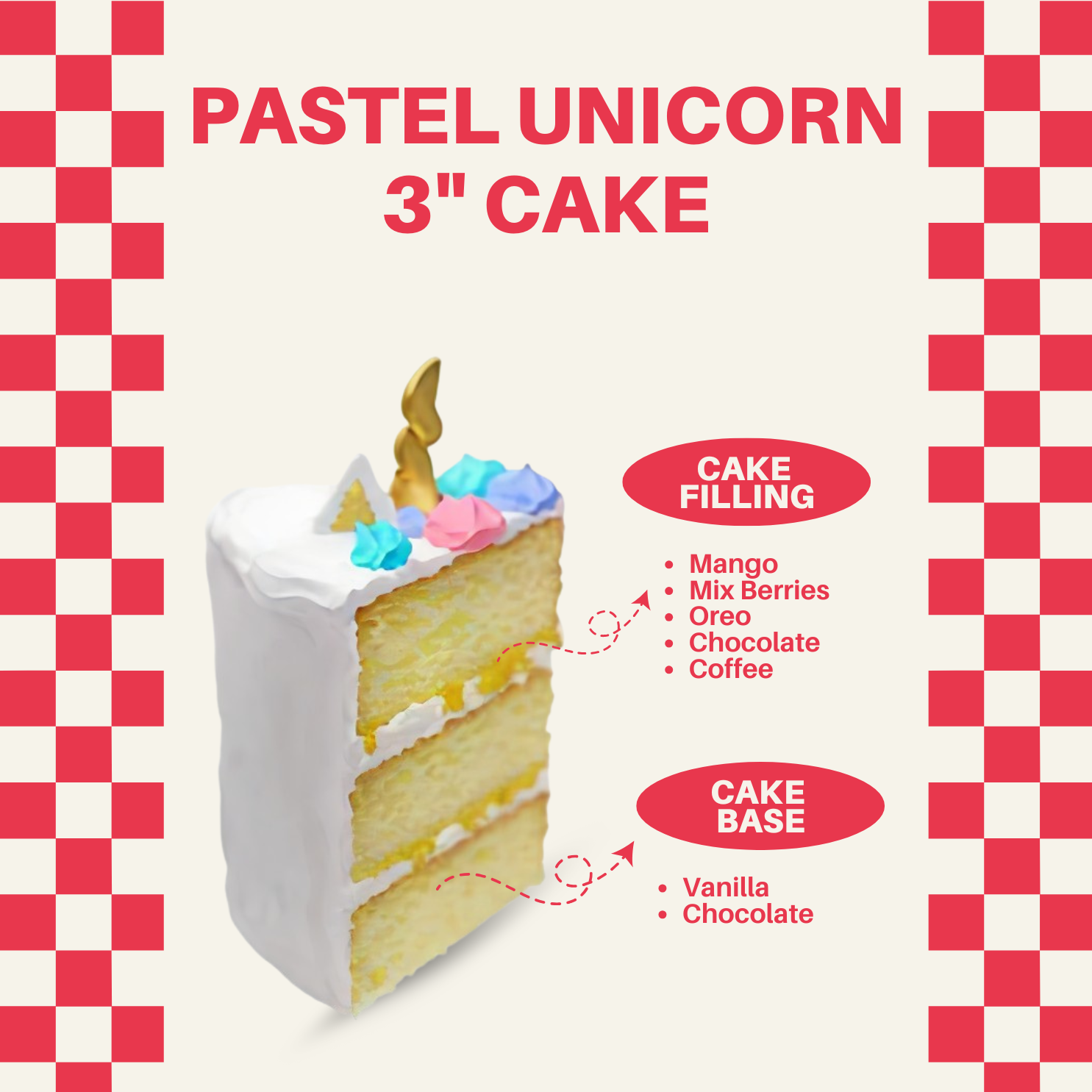 Mini 3-inch custom cake featuring a whimsical Pastel Unicorn design, handcrafted for birthdays and special celebrations in Malaysia. Designer cake available for delivery.